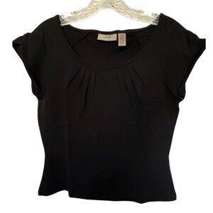 i. e. BLACK TOP Sz Small Cap Sleeves Pleated Neckline Empire Waist Stretch Knit